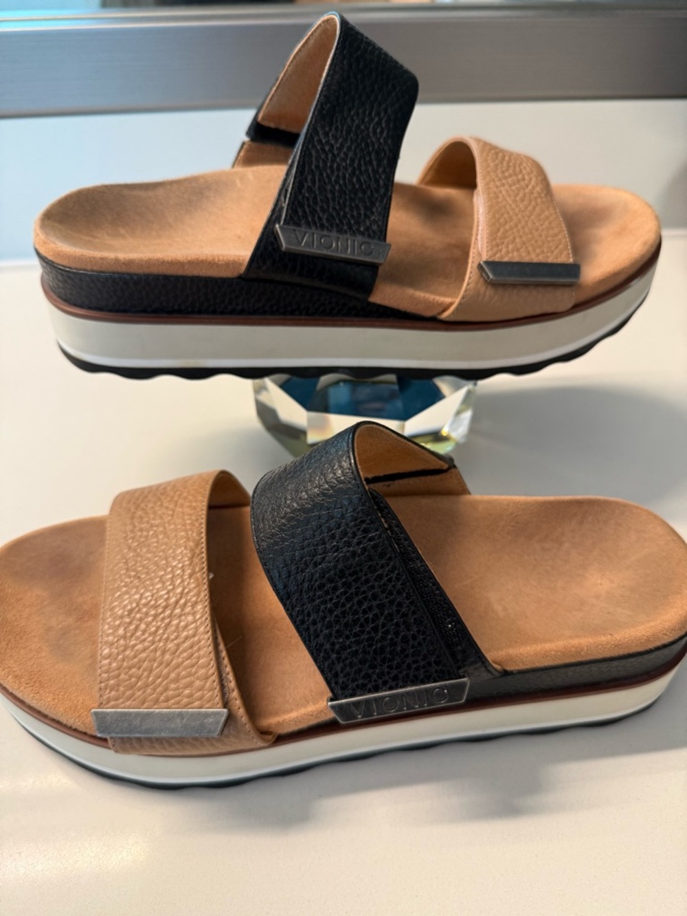 Vionic Two-Band Black and Tan Platform Slide Sandals